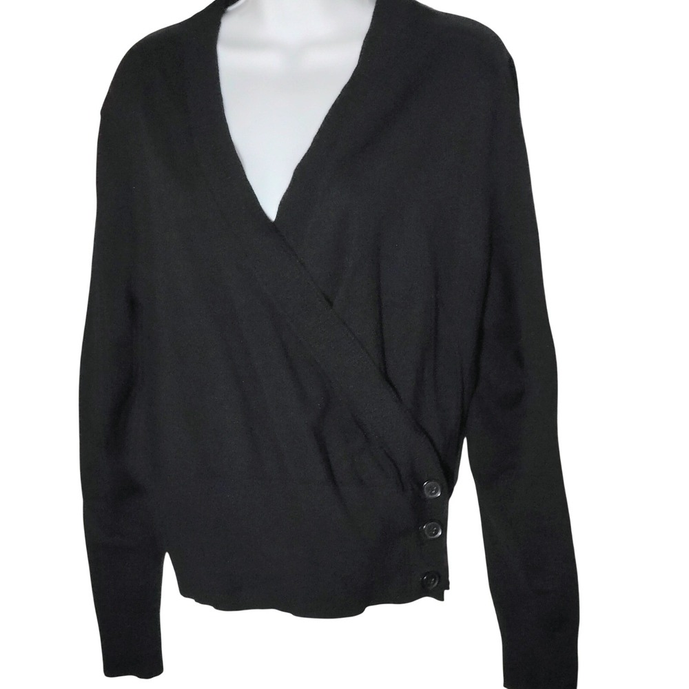 Black Wrap Knit Cardigan Sweater Silk Blend Button Detail vtg vamp goth grunge
